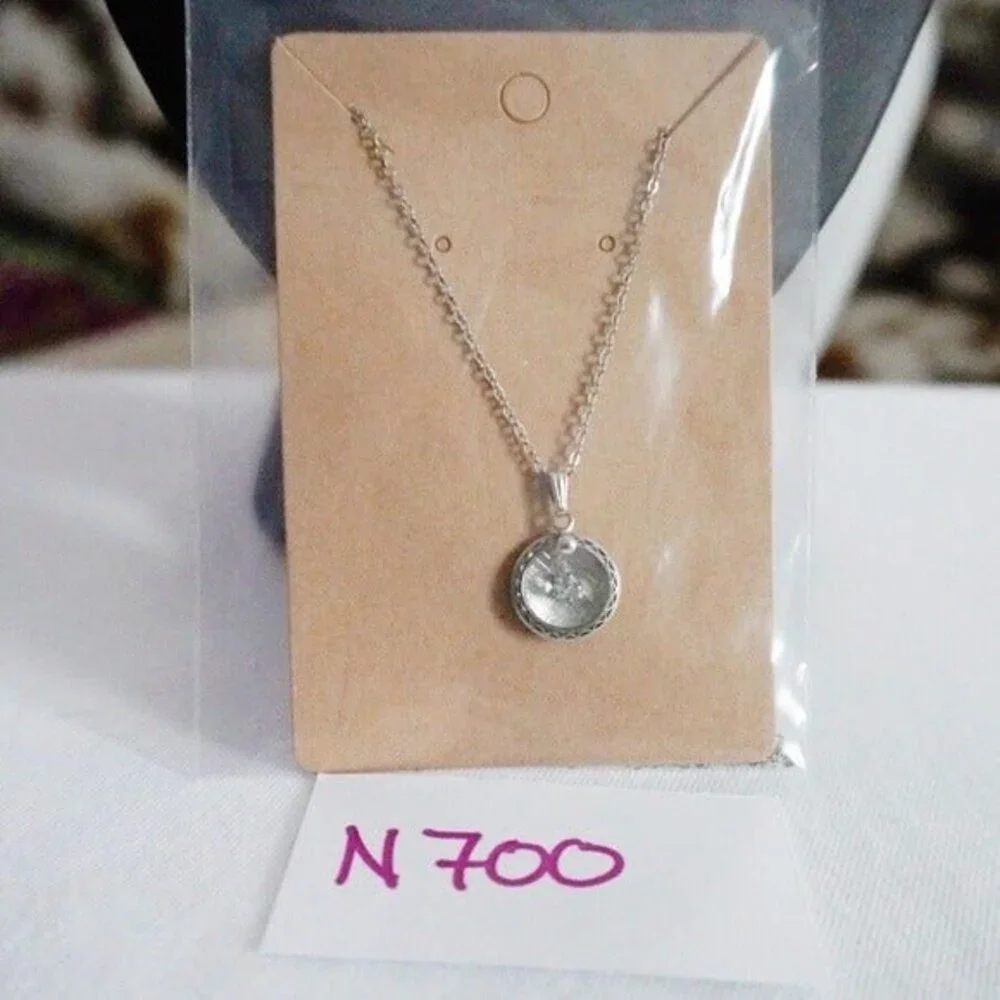 Small Round Pendant Necklace with Center Rhinestone Silver Tone - Picture 5 of 6